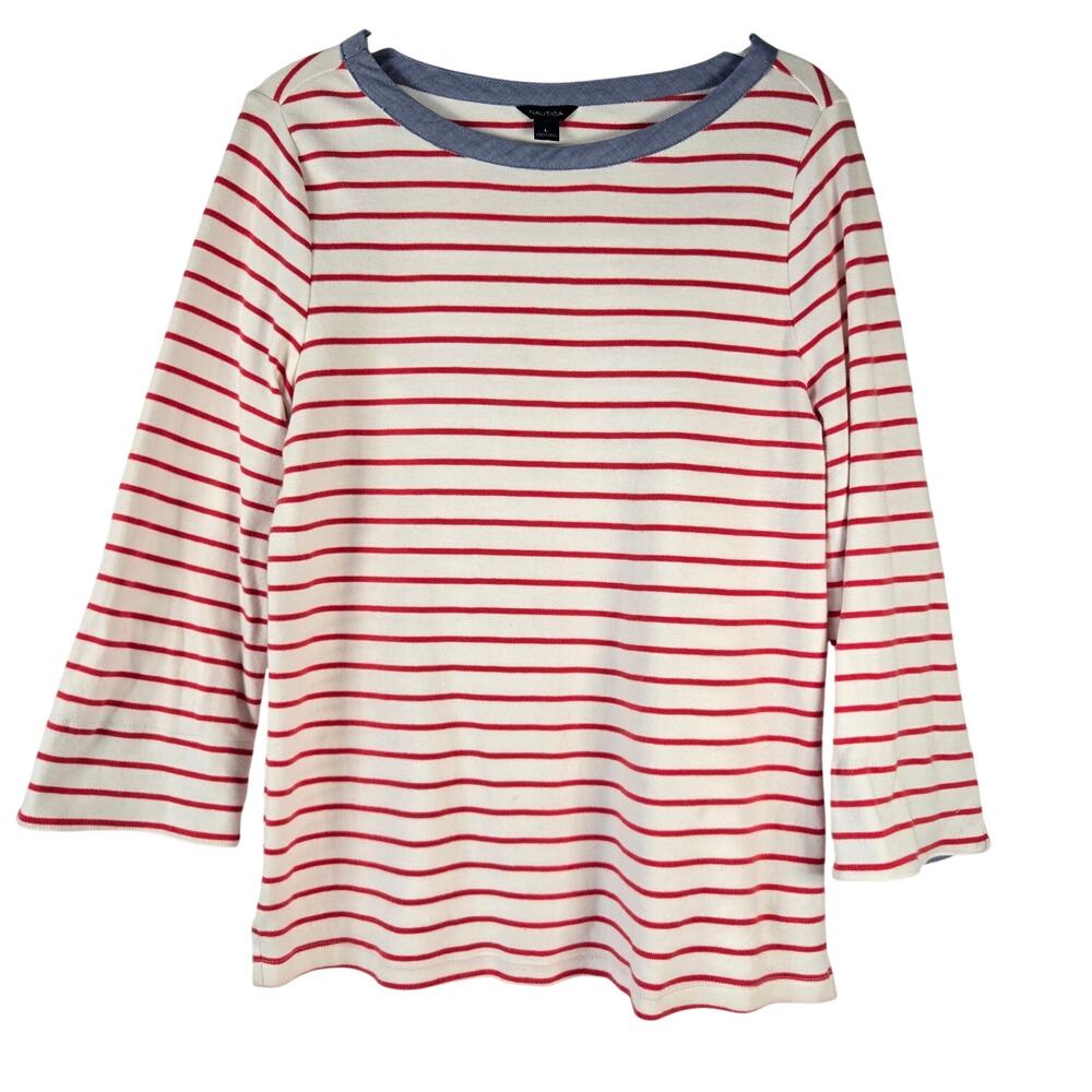 Classic Nautical Prep Minimalist Chambray Casual Top Red/White 3/4 Sleeve Size L